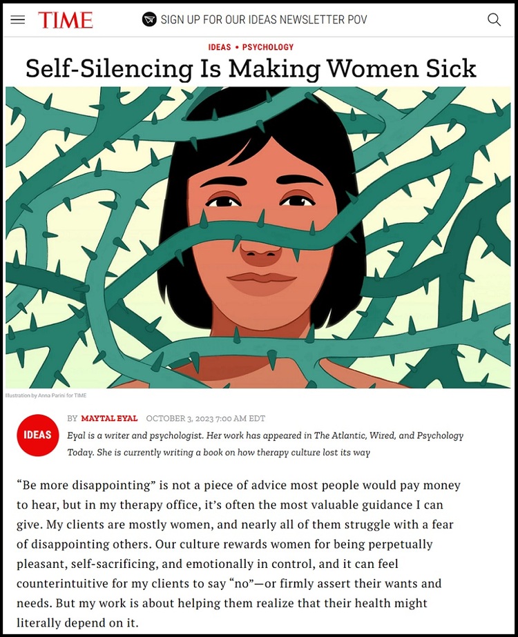 2023년 10월 3일 TIME지에 실린 기사 “Self-Silencing Is Making Women Sick” 온라인 보도 일부 캡처, 심리학자 Maytal Eyal의 에세이와