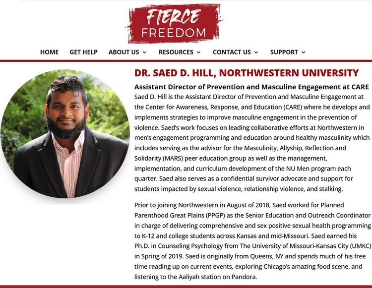 팟캐스트(fiercefreedom.org)의 게스트 소개 페이지에 실린 심리학자 세드 데릭 힐의 소개글.힐 박사는 인식,대응 및 교육 센터(CARE)의 예방 및 남성 참여 담당 부국장으로,폭력 예방에 있어 남성