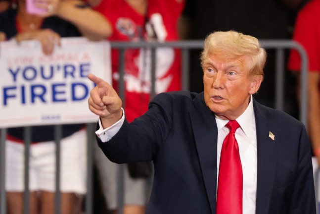 (Atlanta Reuters=News1) Reporter Woo Dong-myeong = Former U.S. President Donald Trump speaks during a joint campaign rally with republican vice presidential candidate J.D. Vance in Atlanta, Georgia on the 3rd (local time). 2024.08.05  / Reuters