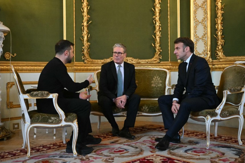 （從左起）Bolodimir Zelski總統烏克蘭，英國首相Kirste明星Macron和法國總統Emmanuel Macron在倫敦蘭開斯特的第二個（當地時間）在倫敦蘭開斯特之家進行了交談。
