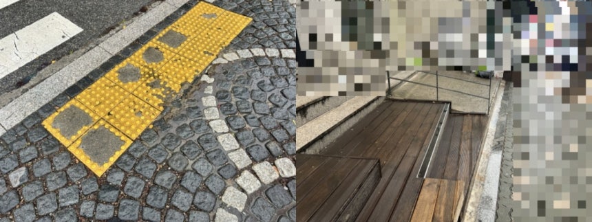 왼쪽은 14일 서울 종로구 한 횡단보도 앞 모습. 여기저기 점자블록이 깨져 있다. 오른쪽은 같은날 마포구 한 상점 앞 모습. 인도와 건물 사이 단차가 있어 휠체어 진입이 어려워 보였다./사진=민수정 기자.