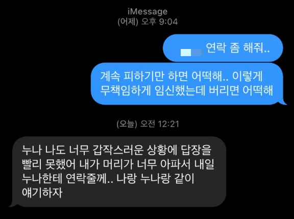 서민재가 남자친구에게 문자로 "임신했는데 버리면 어떡하느냐"고 호소하고 있다. /사진=인스타그램 갈무리