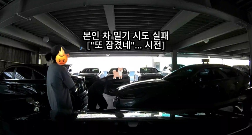 이중 주차를 한 택시 기사가 차를 빼달라는 전화를 받고 와 자기 차를 밀어보지만 밀리지 않고 있다./사진='보배드림' 갈무리