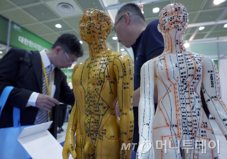 서울 강남구 삼성동 코엑스에서 열린‘한의학 및 통합의약 국제산업박람회’를 찾은 한의사 및 관람객 등이 (주)내일약품 부스에서 전시 제품에 대한 설명을 듣고 있다./사진=(서울=뉴스1) 박정호 기자