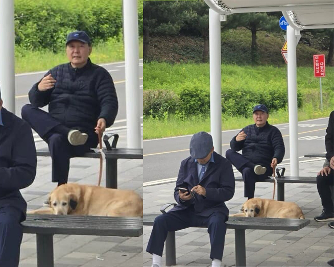 파면된 윤석열 전 대통령이 한강공원에서 반려견을 산책하는 모습이 포착됐다./사진=온라인 커뮤니티 갈무리