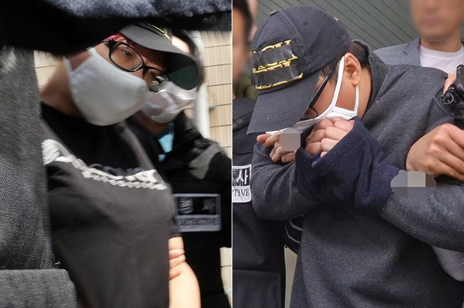 2019년 5월 2일 광주 북부경찰서에서 친모 유씨가 영장실질심사를 받기 위해 광주지방법원으로 압송되던 모습(왼쪽),<a href=