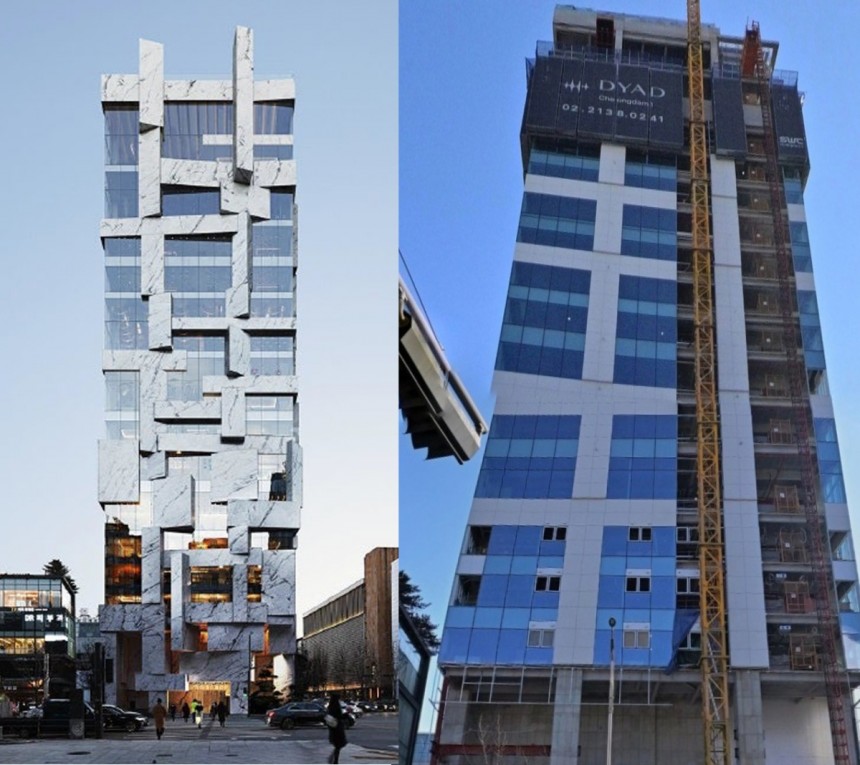 서울 강남구 청담동 '디아드 청담1' 설계 당시 예상도(왼쪽)와 실제 준공된 건물(오른쪽,<a href=