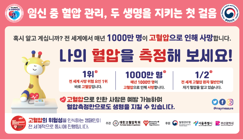 질병관리청이 오는 17일 '세계 고혈압의 날'을 맞아 대한고혈압학회와 공동으로 '혈압측정 캠페인'(K-MMM25)을 실시한다고 12일 밝혔다.이 캠페인은 5월을 혈압측정의 달로 지정해 진행하는 공공 혈압측정 캠페인