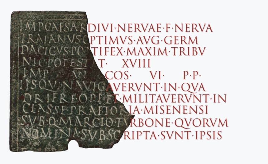 트라야누스 황제가 군함 선원에게 발급했다고 전해지는 청동 군사 졸업장의 지워진 부분을 구글 딥마인드가 복원했다. (오른쪽 흰 바탕에 빨간 글씨 부분) /사진=구글 딥마인드 아이네아스 (메트로폴리탄미술관 소장)