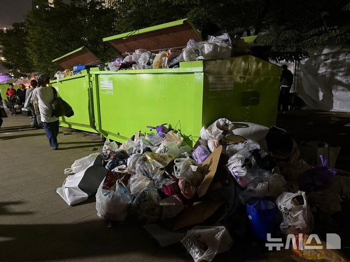 2025 서울세계불꽃축제가 끝난 27일 오후, 서울 영등포구 여의도한강공원 내 쓰레기통 주변에 분리수거되지 않은 플라스틱병, 음식물 용기, 종이박스 등이 무더기로 쌓여 있다. /사진=뉴시스