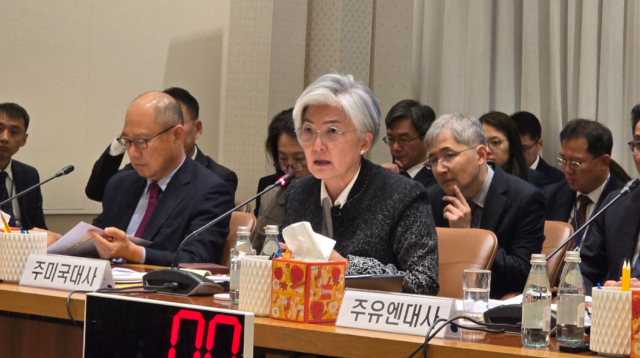 강경화 주미대사가 17일(현지시간) 미국 뉴욕 맨해튼 주유엔한국대표부에서 열린 국회 외교통일위원회 국정감사에서 의원들의 질의에 답하고 있다. /사진=심재현 특파원