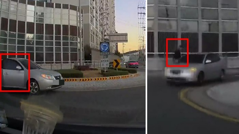 회전교차로 한가운데서 차를 세운 뒤 조수석에 탑승한 사람을 내려주는 운전자 모습이 담긴 블랙박스 영상이 공개돼 논란이다./사진=온라인 커뮤니티 보배드림 갈무리