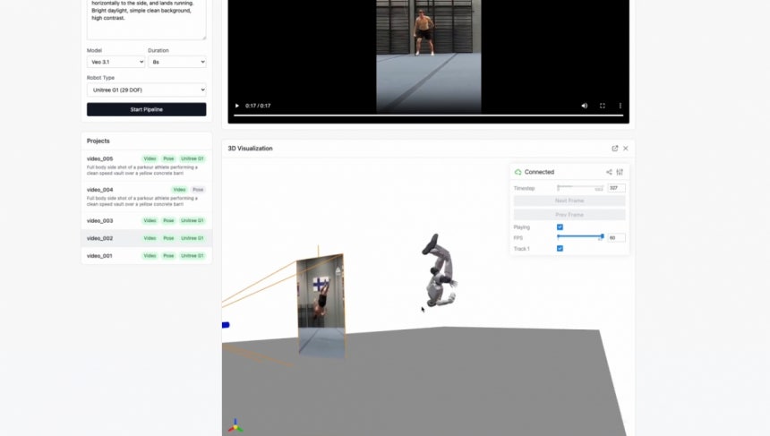 에임인텔리전스의 비디오투로봇을 통해‘연속 백덤블링’과 같은 고난이도 모션 데이터를 수집·변환하는 실제 화면/사진제공=에임인텔리전스