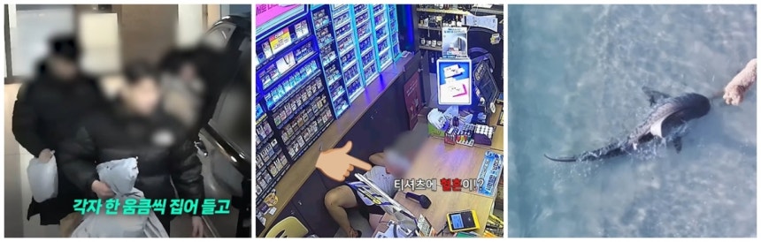 10대 청소년 3명이 지난 3일 경기 양주 한 아파트 지하주차장에서 차량 털이 범행 중인 모습.지난 10월 대전 서구에서 택시를 빼앗아 무면허 음주운전을 한 10대 남성이 인근 편의점 계산대 밑에 숨은 모습.호주