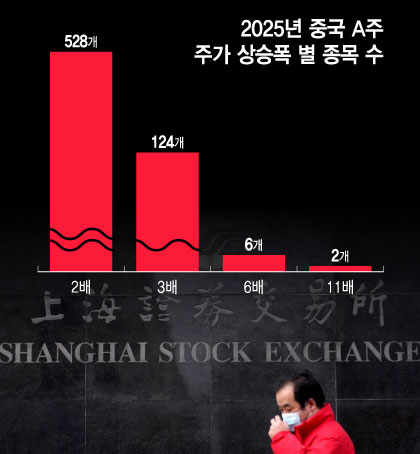 2025년 중국 A주 주가 상승폭 별 종목 수/그래픽=윤선정