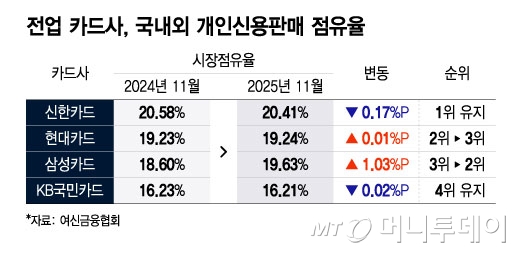 전업 카드사,국내외 개인신용판매 점유율/그래픽=윤선정