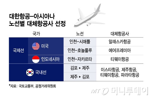 대한항공-아시아나 노선별 대체항공사 선정/그래픽=윤선정