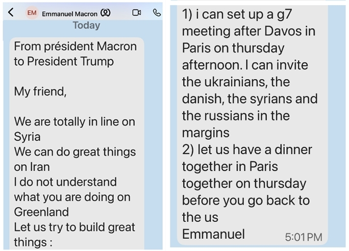 도널드 트럼프 미국 대통령이 에마뉘엘 마크롱 프랑스 대통령에게 받은 문자메시지를 20일(현지시간) 트루스소셜에 공개했다./사진=트루스소셜 캡처 