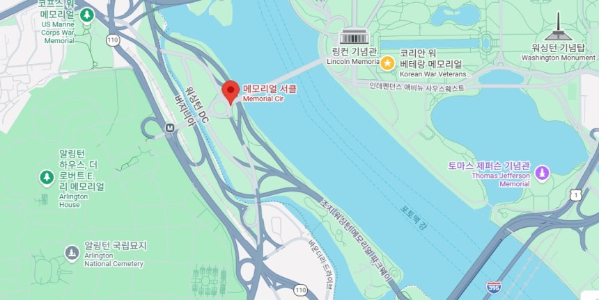 트럼프 대통령의 '미국 독립문'(트럼프 개선문) 예정지(붉은표시). 워싱턴DC와 알링턴국립묘지를 잇는 메모리얼서클(교차로) 지역이다./사진=구글맵