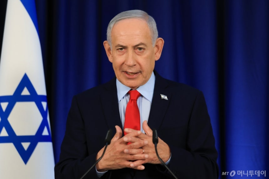 베냐민 네타냐후 이스라엘 총리가 19일(현지 시간) 이스라엘 예루살렘에서 기자회견하고 있다./AP=뉴시스