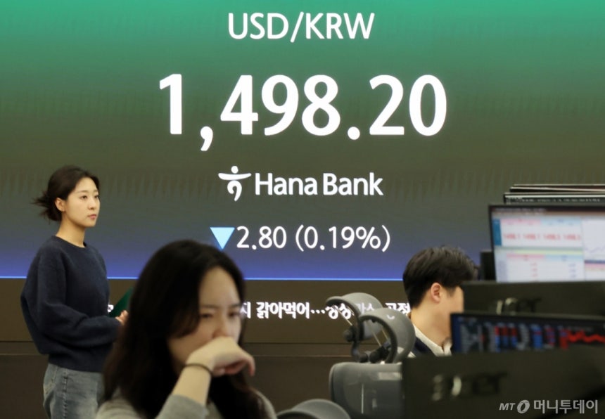 (서울=뉴스1) 김진환 기자 = 20일 오후 서울 중구 하나은행 본점 딜링룸 전광판에 종가가 표시되고 있다.서울외환시장에서 달러·원 환율은 전일 오후 3시 30분 주간종가 대비 2.80원 내린 1498.20원을