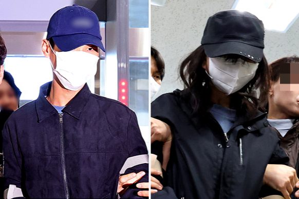 장모를 폭행 살해한 뒤 시신을 유기한 혐의를 받는 사위(왼쪽)와 공범 관계인 딸이 대구지법에서 열린 구속 전 피의자 심문(영장실질심사)에 출석하는 모습./사진=뉴시스