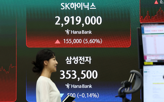  SK하이닉스가 삼성전자를 제치고 코스피 시가총액 1위로 장을 마친 지난 22일 오후 서울 중구 하나은행 딜링룸에 SK하이닉스 및 삼성전자 시세가 표시되어 있다./사진=뉴스1