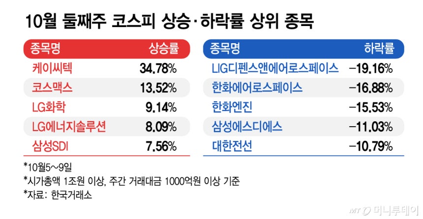 10월 둘째주 코스피 상승·하락률 상위 종목/그래픽=김지영