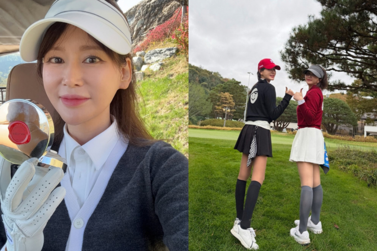 同じデザインのゴルフウェアを色違いで着て並ぶイ・ヘウォンと娘のアン・リウォン