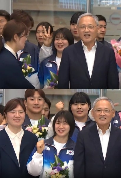 “유도소녀 <b>허미미</b>도 힘으론 안되네”…장미란이 잡아당겨 맨 앞줄서 인사