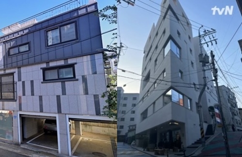  이수근 부부 상암동 꼬마빌딩(좌) 인근에 7층 규모 송은이 상암동 신사옥(우)이 위치해 있다. 사진 ㅣ네이버로드뷰, tvN