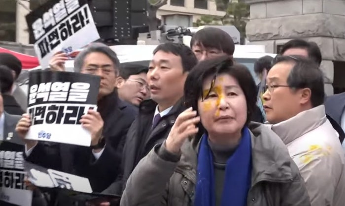 <b>헌재</b> 앞 회견 중 ‘<b>계란 투척</b>’에 민주당 의원들 봉변