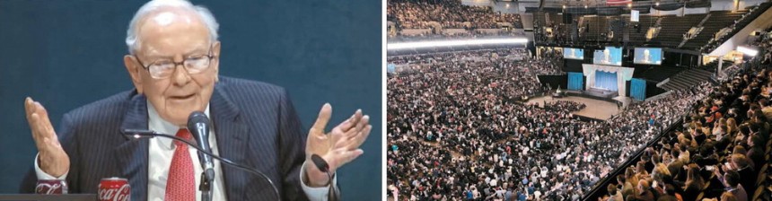  3일(현지시간) 미국 네브래스카주 오마하 CHI헬스센터에서 열린 버크셔해서웨이 주주총회에서 워런 버핏 회장이 주주들을 상대로 발언하고 있다.오른쪽 사진은 전 세계에서 온 주주 등 4만명이 주총장에 운집한 모습.