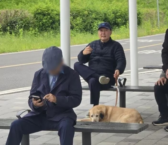  윤석열 전 대통령이 5일 한강공원으로 반려견을 데리고 산책을 나왔다가 휴식을 취하고 있다.[사진 = 클리앙 갈무리]