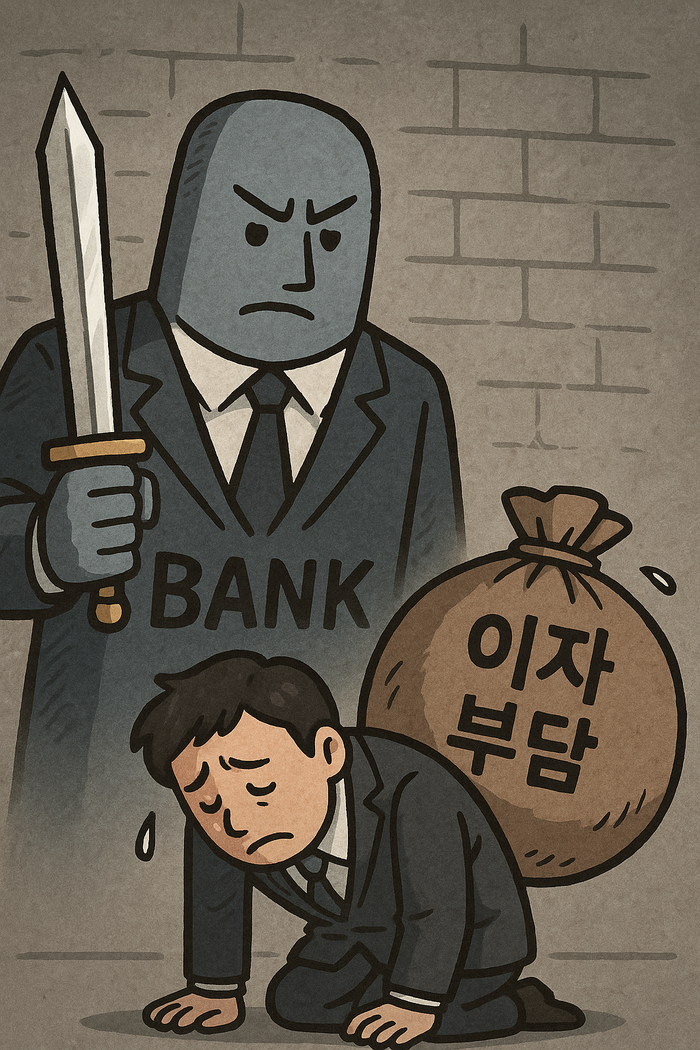  기업 운영에서 한계 상태에 빠진 상장사가 역대 최대로 늘면서 은행권의 기업 신용평가 작업에도 비상이 걸렸다.이자 부담에 빠진 기업 상황을 AI가 그린 이미지 &lt;챗GPT&gt;