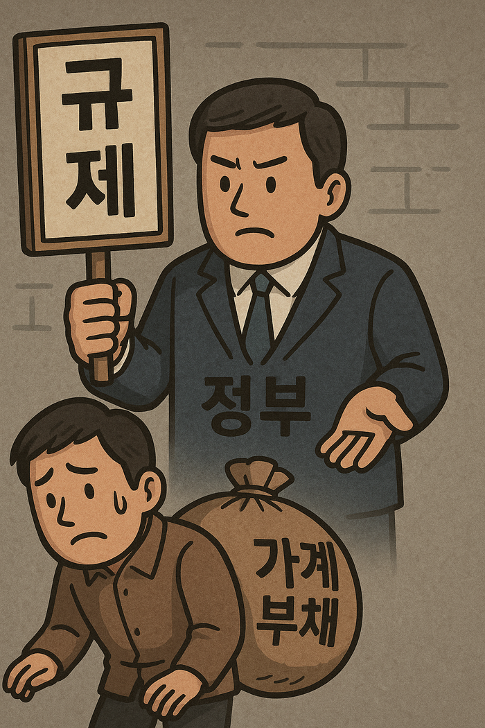 금융당국이 이번달 중 3단계 스트레스 총부채원리금상환비율(DSR) 시행 방침을 발표한다는 방침을 밝혔다.가계 빚 증가세 압박에 나서는 정부를 그린 AI 이미지 <챗GPT>