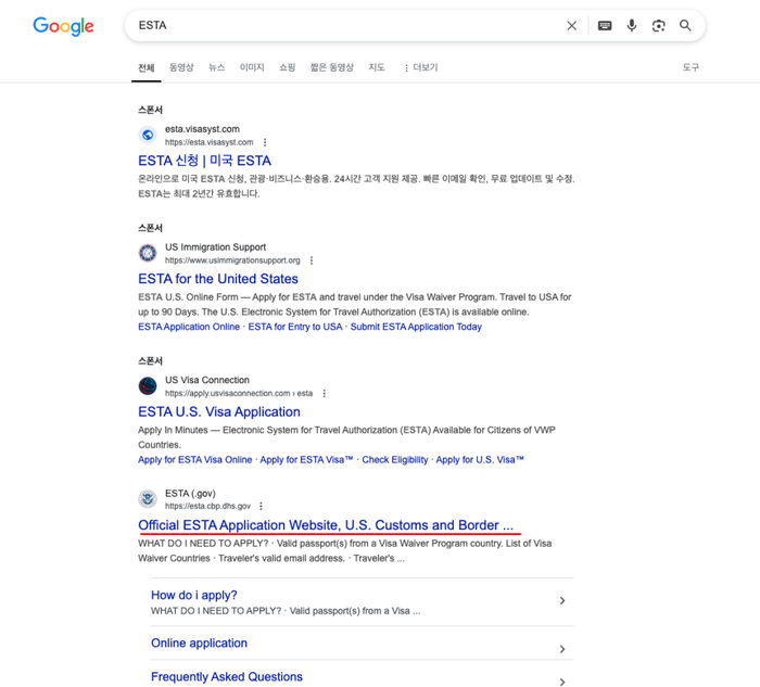  구글에 ESTA라고 검색했을 때 나오는 화면이다.공식 사이트는 4번째에 있다 / 사진=구글 캡쳐