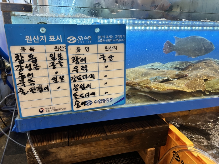  노량진수산시장 내 점포 원산지 표시판에 참돔과 줄돔 원산지가 ‘일본’으로 표기돼 있는 모습. [김송현 기자]