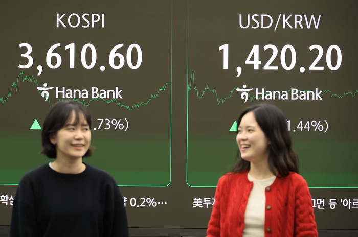 10일 서울 중구 하나은행 본점에서 직원들이 주가 및 환율 전광판 앞에서 활짝 웃고 있다. 연합뉴스