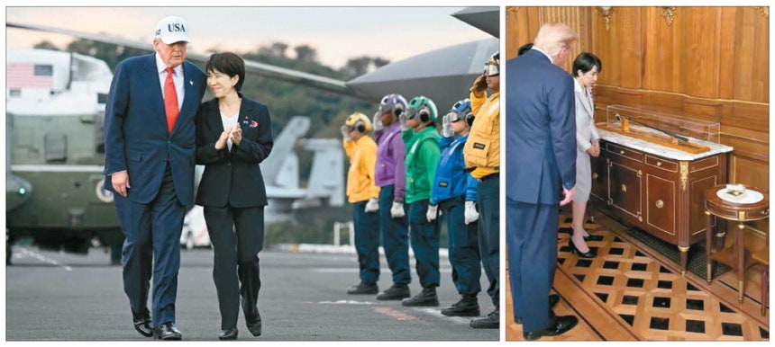 아베식 '밀월 외교' 도널드 트럼프 미국 대통령(왼쪽)과 다카이치 사나에 일본 총리가 28일 요코스카 미 해군 기지에서 해병대원들의 경례를 받으며 함께 걷고 있다. 오른쪽 사진은 