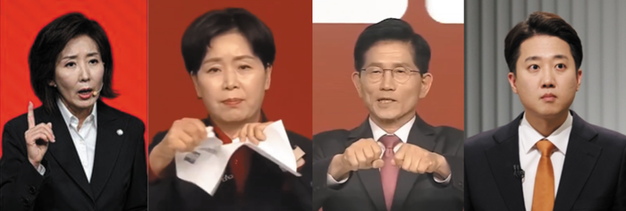 왼쪽부터 나경원·양향자 국민의힘 의원, 김문수 전 국민의힘 대선후보, 이준석 개혁신당 대표 [연합뉴스, 대선토론 영상 갈무리]