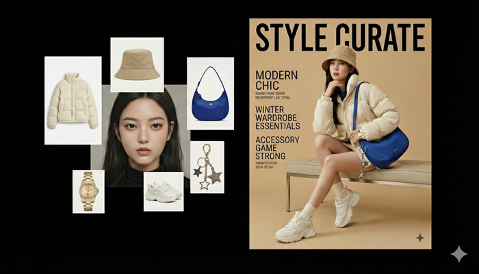  왼쪽의 개별 패션 이미지들을 구글 ‘나노 바나나’에 업로드한 뒤 ‘이 이미지들을 조합해 잡지 표지 화보를 만들어줘’라고 입력하자 오른쪽과 같은 잡지 표지가 자동 생성됐다. [구글]