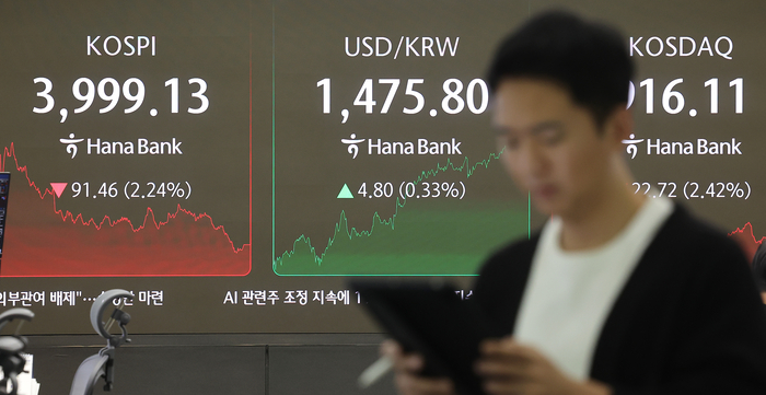  16일 서울 중구 하나은행 딜링룸 현황판에 코스피 등이 표시되고 있다.[연합뉴스]