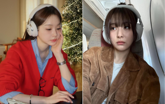  여성듀오 다비치 강민경과 아이돌그룹 레드벨벳 슬기가 헤드폰을 착용한 모습.[강민경·슬기 인스타그램 갈무리]