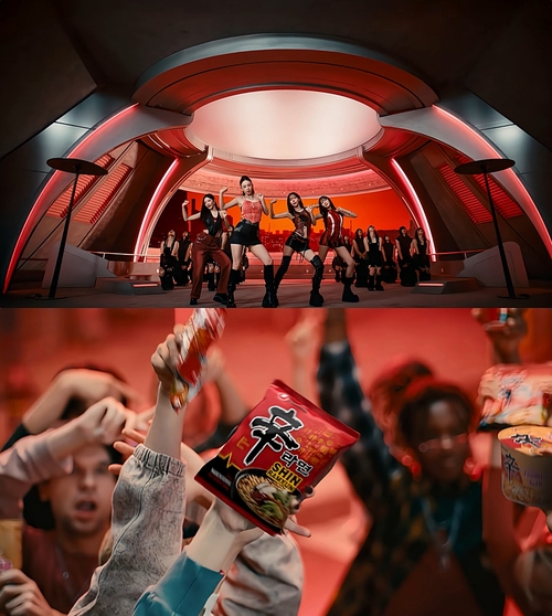  걸그룹‘에스파’가 촬영한 농심의 신라면 광고 영상.[유튜브‘농심 글로벌’채널 캡처]