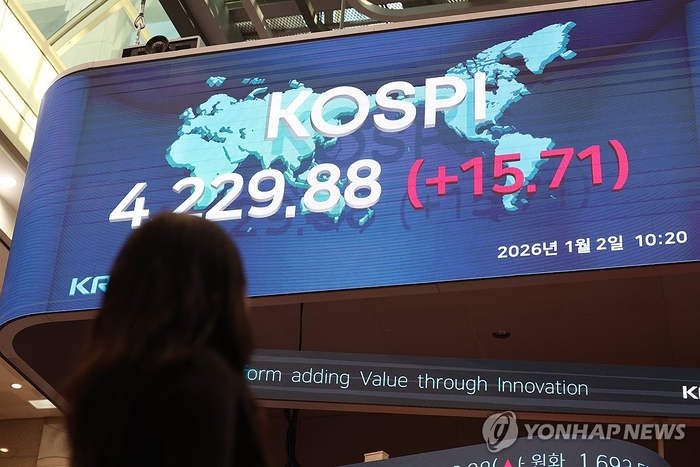  2일 서울 영등포구 한국거래소 로비의 현황판에 코스피가 표시돼 있다.2026년 병오년(丙午年) 첫 거래일인 이날 오전 코스피는 상승 출발한 직후 장중 사상 최고치를 경신했다.[연합뉴스]