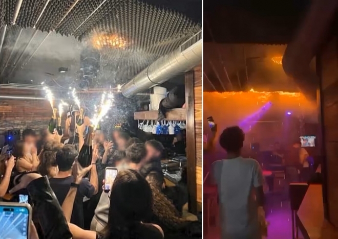  (왼쪽) 샴페인 병에 꽂은 폭죽 불꽃이 스위스 크랑스-몽타나의 한 나이트클럽 천장 마감재로 옮겨붙는 순간을 담은 사진.(오른쪽) 밀폐된 지하 공간에서 극심한 열로 내부 가연물이 거의 동시에 점화되는‘플래시오버’