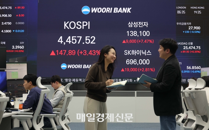  서울 중구 우리은행 딜링룸.종가 및 삼성전자,SK하이닉스 주가가 표시돼 있다.이날 코스피는 전 거래일보다 3.43% 오른 4,457.52원에 장을 마쳤다.2025.1.5 [한주형 기자]