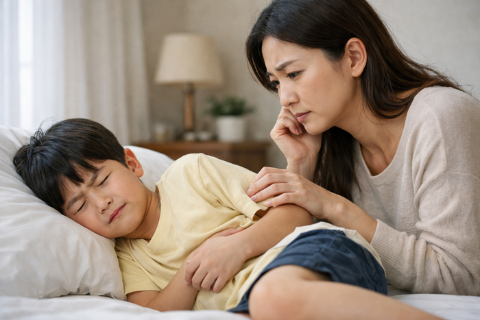  아이가 복통을 호소하며 침대에 누워있고 엄마가 걱정하는 모습을 키워드로 생성AI가 그린 이미지.[챗GPT]