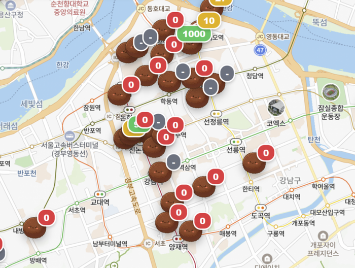  두바이쫀득쿠키 재고를 확인할 수 있는 이른바‘두쫀쿠맵.[온라인커뮤니티 캡처]